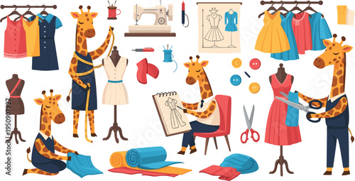Cute Giraffe Tailor Fashion Designer Set Sewing Dresses with Sewing Machine, Scissors, Fabric and Clothing Vector Illustration