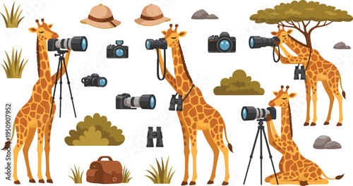 Cute Giraffe Wildlife Photographer Set Taking Photos with Camera, Binoculars and Tripod on Safari Cartoon Vector Illustration