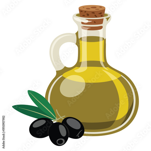 Olive oil bottle with cartoon olives icon in cartoon style isolated on white background, Greece symbol stock vector illustration for food and Mediterranean themes