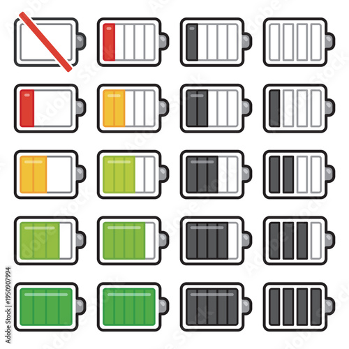 バッテリーの充電残量アイコンイラストセット／Battery Level Icon Illustration Set
