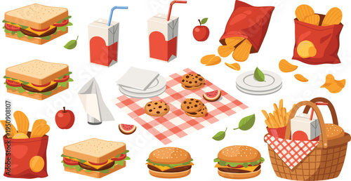 Fast Food Picnic Vector Set with Sandwiches, Burgers, Potato Chips, Juice Boxes, Cookies and Picnic Basket Illustration