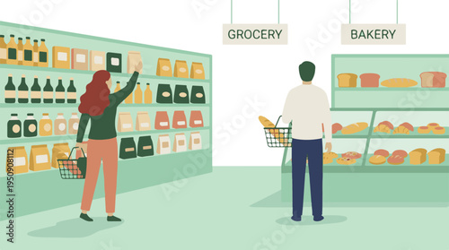 People shopping for groceries and baked goods in a modern supermarket