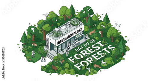 Illustration of a white building surrounded by lush greenery with the words 'International Day of Forests' and 'World Forest Day' on a vibrant, earthy-toned design promoting forest