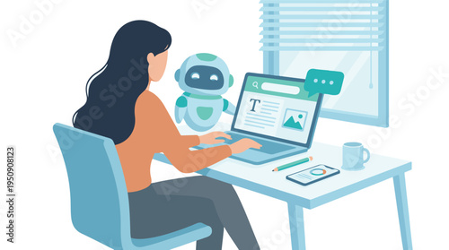Woman working on laptop with an AI assistant robot in a digital workspace