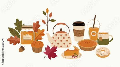 Cozy autumn food and drinks collection with fall leaves on white background