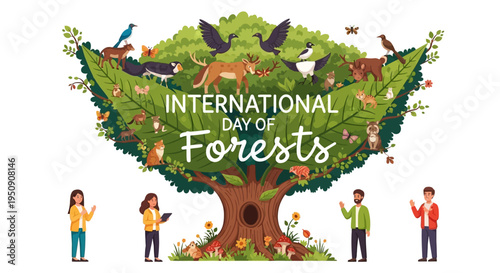 Illustration of people around a tree celebrating International Day of Forests with a design promoting forest conservation and environmental protection awareness.