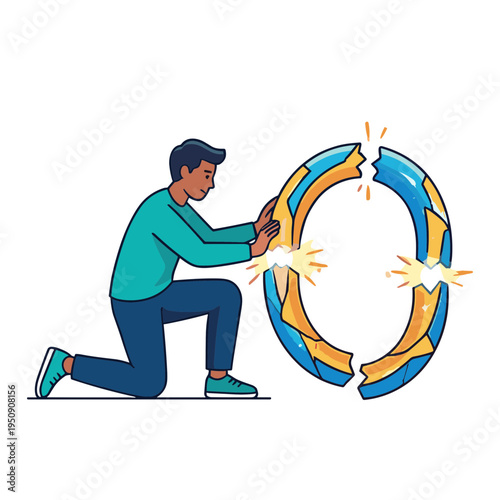 Man breaks large chain link on one knee with effort and sparks.