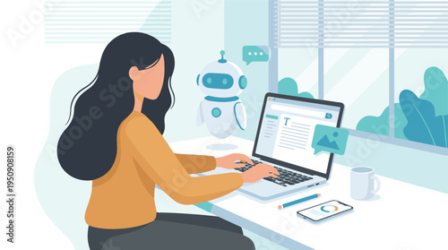 Woman typing on laptop with AI assistant for content creation and writing