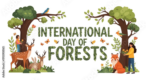 Illustration design celebrating International Day of Forests with forest animals and trees, promoting environmental forest protection awareness.