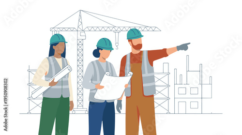 Construction team of engineers and workers planning a project on site