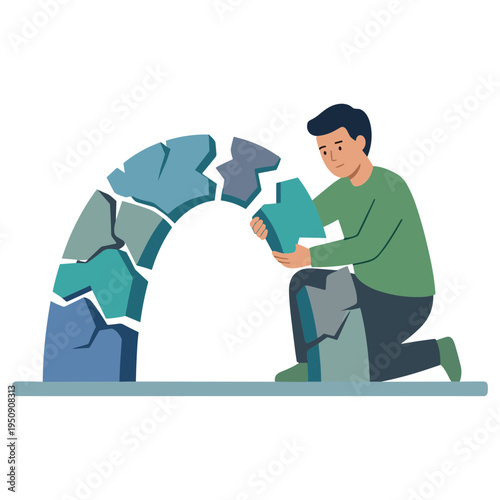 Man assembling puzzle pieces together on the floor with care