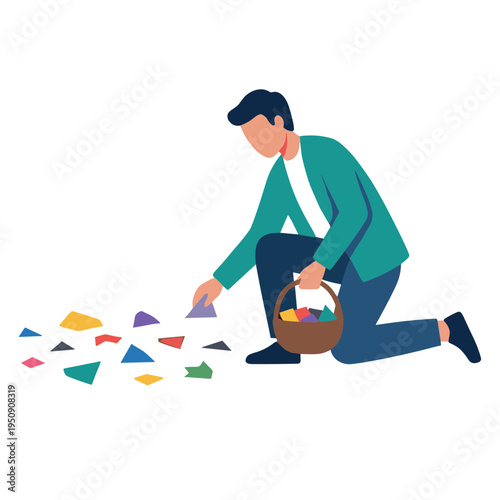 Man kneels picking up colorful puzzle pieces from ground with basket