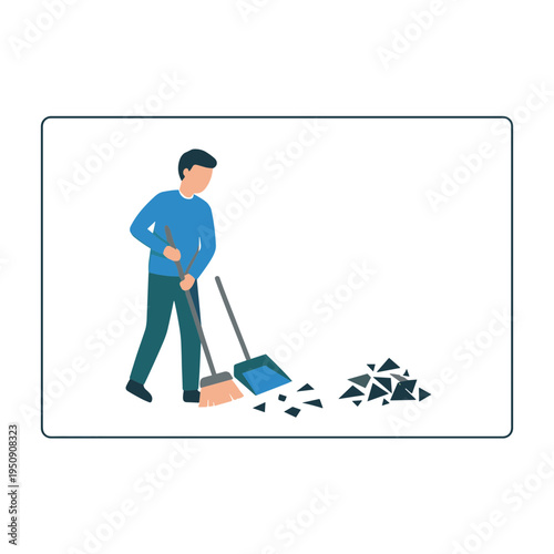 Man cleaning up broken glass with a broom and dustpan indoors