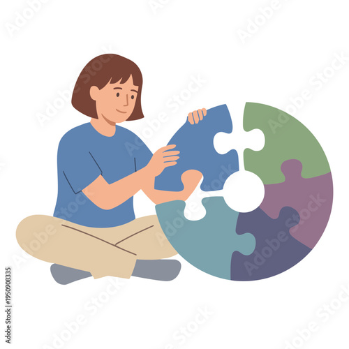 A woman sits on the floor assembling a colorful puzzle piece by piece.