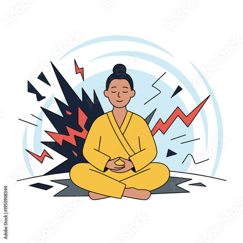 A person meditates peacefully amidst chaotic abstract shapes and lines.