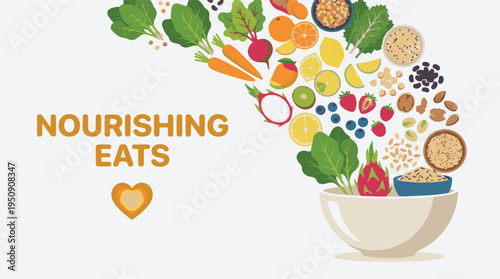 Healthy Eating Concept with Fresh Fruits, Vegetables, Grains, and Nuts