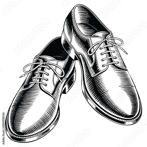 Pair of oxford shoes in black and white outline line art drawing style fashionable footwear illustration