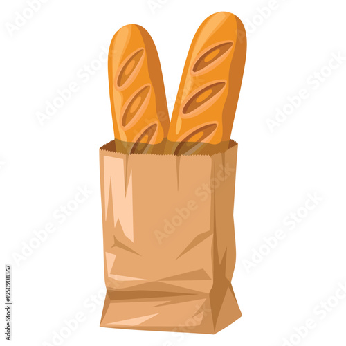 Paper bag with French baguettes isolated on white background, traditional bakery bread graphic for food design