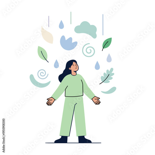 Woman standing under falling leaves and raindrops in green outfit