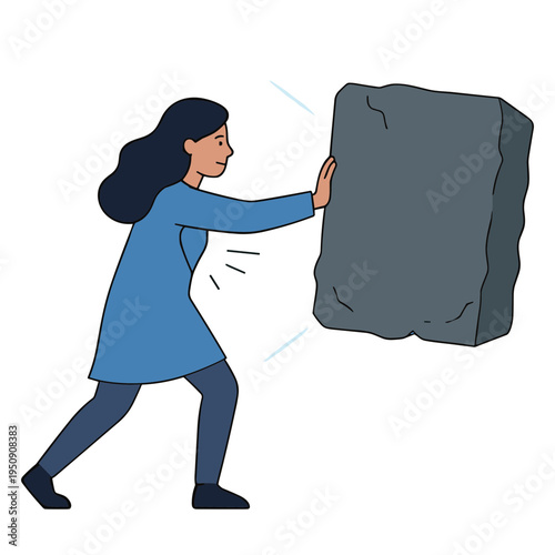 Woman pushing large gray rock uphill with effort and determination