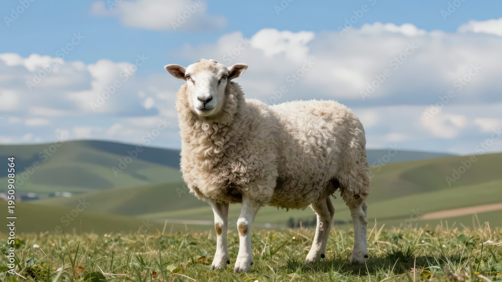 Fototapeta premium A Single Sheep Standing on a Grassy Hillside with Green Rolling Hills and Blue Sky in the Background