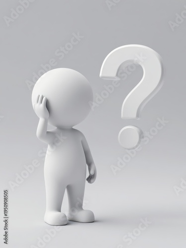 3D White Figure with Large Question Mark Symbol on Grey Background