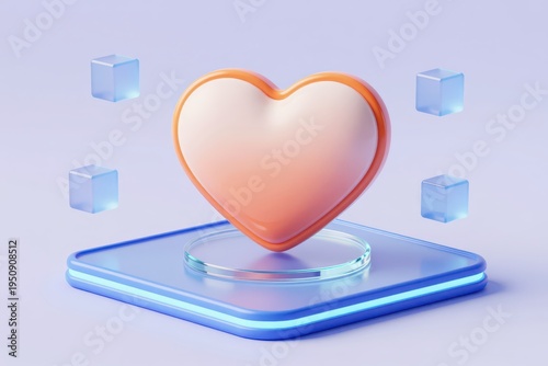 3D Orange Heart on Glowing Blue Platform with Floating Ice Cubes, Modern Digital Render for Technology and Love Concepts
