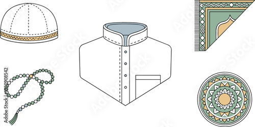 Islamic Muslim Religious Elements Set with Kufiya Cap, Thobe Clothing, Prayer Rug Corner, Tasbih Beads and Decorative Geometric Ornament Vector Illustration