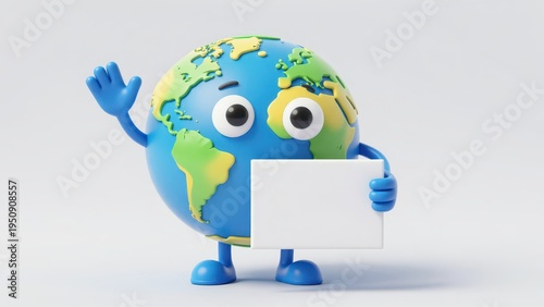 3D Globe Character Holding Blank Sign with White Background for Advertising or Announcement