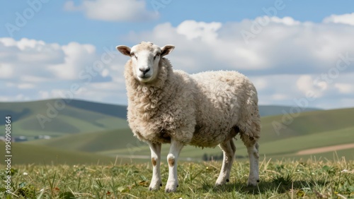 A Single Sheep Standing on a Grassy Hillside with Green Rolling Hills and Blue Sky in the Background