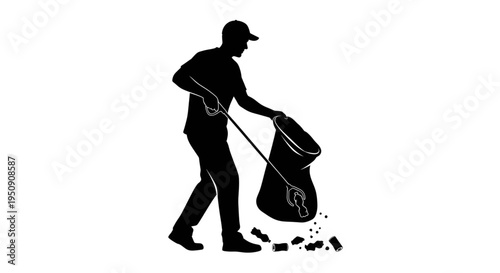 Silhouette of a man collecting trash and plastic bottles with a reacher tool and bag