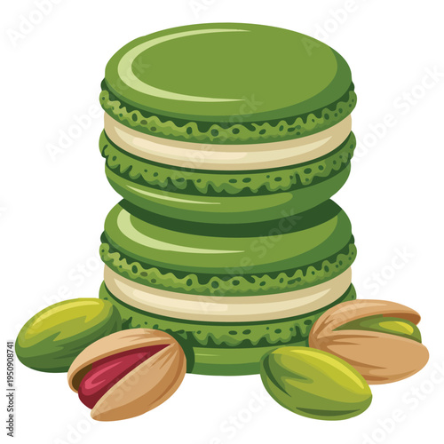 Pistachio flavor French dessert macarons with pistachio nuts around vector illustration, perfect for sweet treat, bakery and cafe visuals