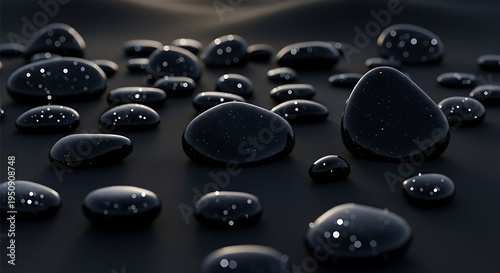 A close-up shot of numerous shiny black water droplets scattered across a dark surface with a subtle light reflection on a calm background