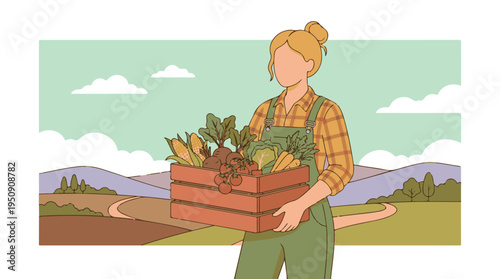 Female farmer holding a wooden crate filled with fresh organic vegetables