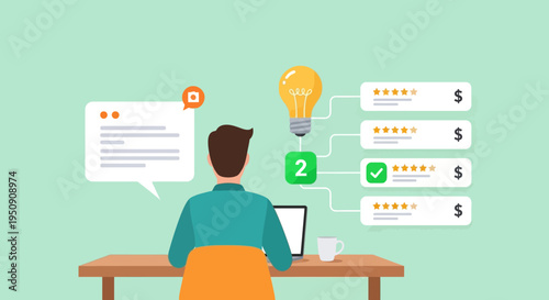 Business concept illustration of a professional working on a laptop, managing online reviews, creative ideas, and monetization strategies.