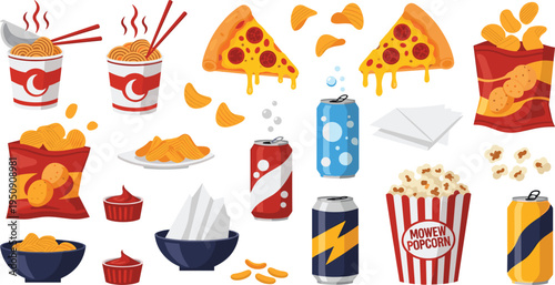 Fast Food Snack Vector Collection with Pizza Slices, Noodles Cup, Potato Chips, Popcorn Buckets and Soda Drink Cans