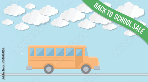 School bus illustration with 'Back to School Sale' banner and clouds
