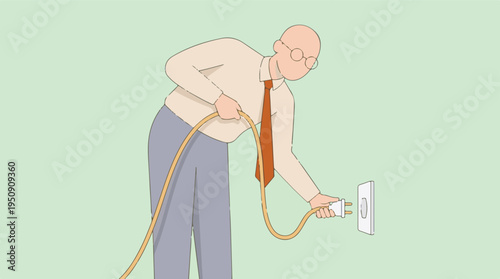 Man plugging electrical cord into wall outlet in minimalistic illustration
