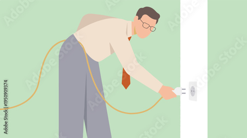 Man plugging electrical cord into wall socket in minimalist style