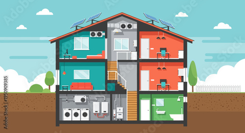 Smart Energy Efficient House Cross Section Illustration with Solar Panels, Heat Pump, and HVAC System for Sustainable Living and Eco Friendly Residential Technology Concept