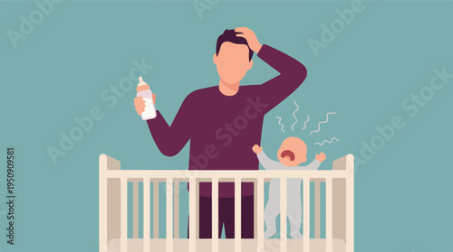 Stressed father holding baby bottle with crying infant in a crib