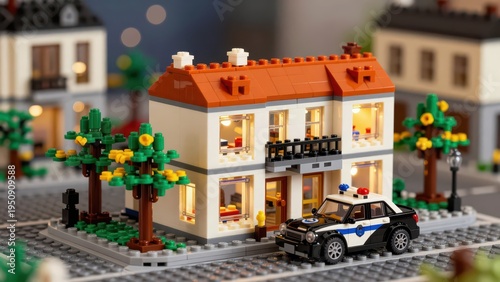 Detailed Lego Model of a Two-Story House with Lights and Police Car in a Miniature City Scene