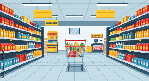 Modern Supermarket Interior Vector Illustration with Grocery Shelves, Full Shopping Cart, and Discount Signs