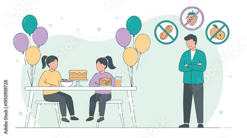 Illustration of man with food allergies at a celebration with children