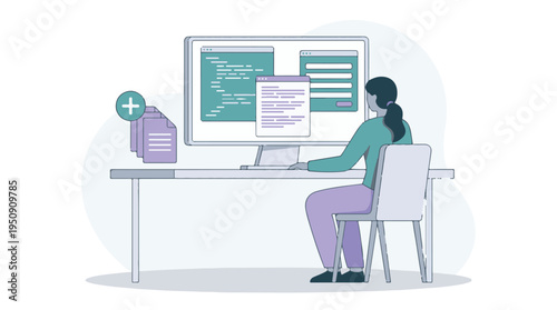 Person working on computer, coding and managing digital files in office