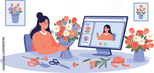 Florist arranging flower bouquet while attending online floral design class video tutorial creative hobby vector illustration