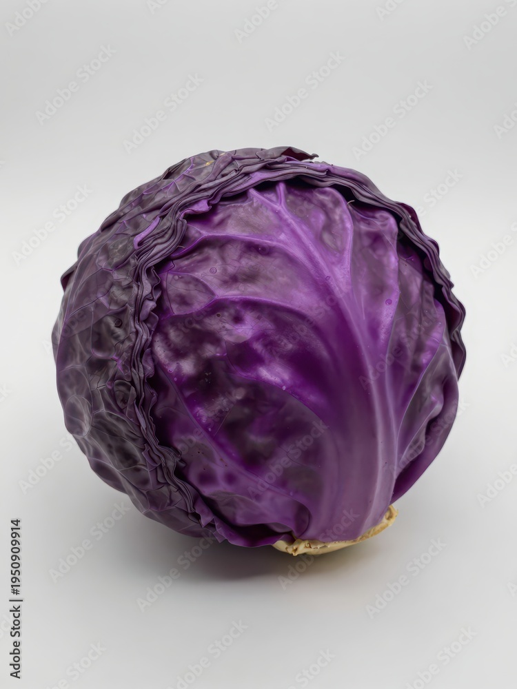 Obraz premium Fresh Purple Cabbage Head Close-up Shot on White Background for Healthy Eating and Cooking Concepts