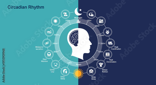 Human Circadian Rhythm Infographic Illustration with 24-Hour Biological Clock, Sleep Cycle Icons, and Brain Profile for Health and Science Education