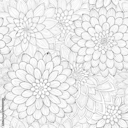 Fotografía Intricate floral pattern of dahlia like blooms in grayscale