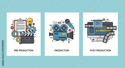 Video Production Process Illustration with Pre-Production, Production, and Post-Production Stages - Flat Line Art Icon Set